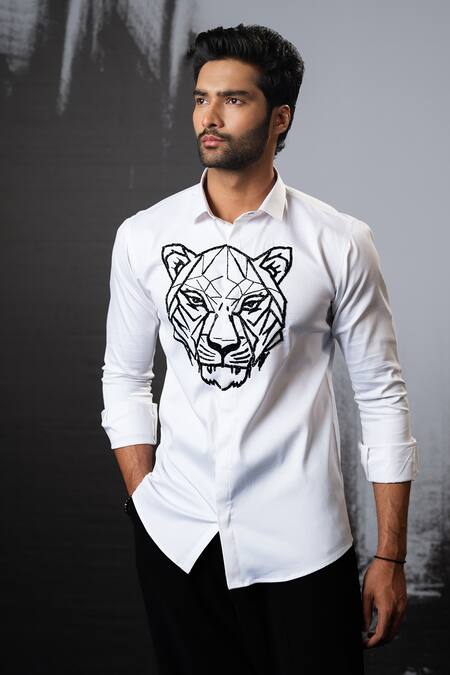 Shop Sanjana Reddy Designs White Stretchable Cotton Embroidery Cutdana Tiger Face Shirt Online at Aza Fashions Shop_Sanjana Reddy Designs_White Stretchable Cotton Embroidery Cutdana Tiger Face Shirt _Online_at_Aza_Fashions