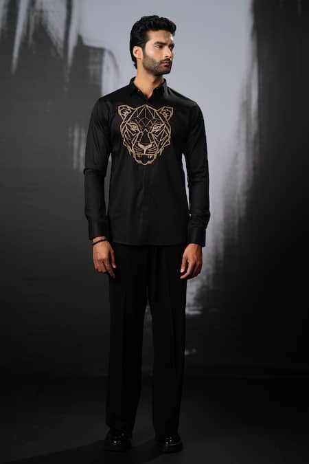 Shop Sanjana Reddy Designs Black Cotton Cut Work Tiger Face Placement Embroidered Shirt at Aza Fashions Shop_Sanjana Reddy Designs_Black Cotton Cut Work Tiger Face Placement Embroidered Shirt _at_Aza_Fashions