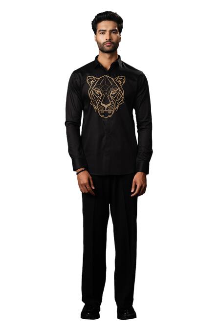 Sanjana Reddy Designs Black Cotton Cut Work Tiger Face Placement Embroidered Shirt Online at Aza Fashions Sanjana Reddy Designs_Black Cotton Cut Work Tiger Face Placement Embroidered Shirt _Online_at_Aza_Fashions