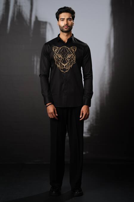 Buy Sanjana Reddy Designs Black Cotton Cut Work Tiger Face Placement Embroidered Shirt Online at Aza Fashions Buy_Sanjana Reddy Designs_Black Cotton Cut Work Tiger Face Placement Embroidered Shirt _Online_at_Aza_Fashions