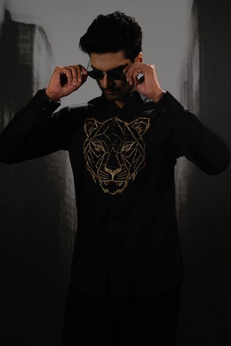 Shop Sanjana Reddy Designs Black Cotton Cut Work Tiger Face Placement Embroidered Shirt Online at Aza Fashions Shop_Sanjana Reddy Designs_Black Cotton Cut Work Tiger Face Placement Embroidered Shirt _Online_at_Aza_Fashions