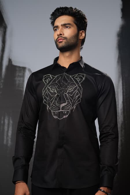Shop Sanjana Reddy Designs Black Stretchable Cotton Embroidery Cutdana Tiger Face Outline Shirt at Aza Fashions Shop_Sanjana Reddy Designs_Black Stretchable Cotton Embroidery Cutdana Tiger Face Outline Shirt _at_Aza_Fashions