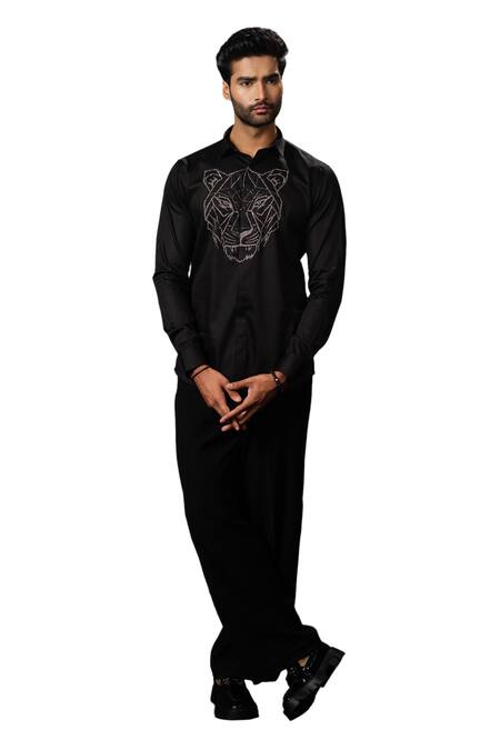 Sanjana Reddy Designs Black Stretchable Cotton Embroidery Cutdana Tiger Face Outline Shirt Online at Aza Fashions Sanjana Reddy Designs_Black Stretchable Cotton Embroidery Cutdana Tiger Face Outline Shirt _Online_at_Aza_Fashions