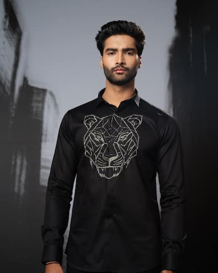 Buy Sanjana Reddy Designs Black Stretchable Cotton Embroidery Cutdana Tiger Face Outline Shirt Online at Aza Fashions Buy_Sanjana Reddy Designs_Black Stretchable Cotton Embroidery Cutdana Tiger Face Outline Shirt _Online_at_Aza_Fashions