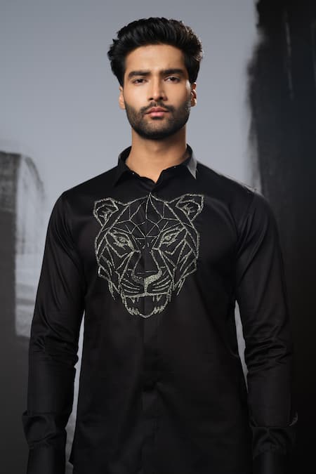 Shop Sanjana Reddy Designs Black Stretchable Cotton Embroidery Cutdana Tiger Face Outline Shirt Online at Aza Fashions Shop_Sanjana Reddy Designs_Black Stretchable Cotton Embroidery Cutdana Tiger Face Outline Shirt _Online_at_Aza_Fashions