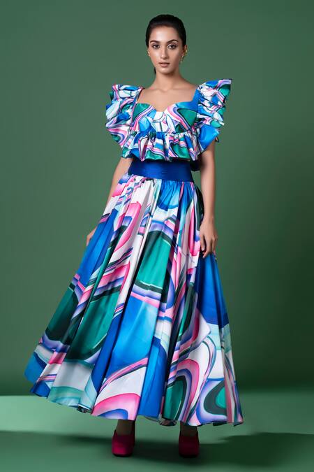 Siddhartha Bansal_Blue Silk Taffeta Print Glass Art Sweetheart Murano Ruffled Top With Skirt _Online_at_Aza_Fashions