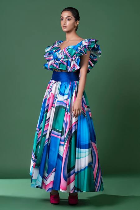 Buy_Siddhartha Bansal_Blue Silk Taffeta Print Glass Art Sweetheart Murano Ruffled Top With Skirt _Online_at_Aza_Fashions