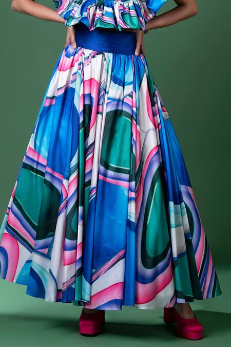 Siddhartha Bansal_Blue Silk Taffeta Print Glass Art Sweetheart Murano Ruffled Top With Skirt _at_Aza_Fashions