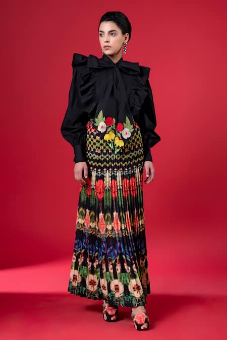 Siddhartha Bansal Black Cotton Poplin Embroidery Bloom Bow Night Sunray Top With Pleated Skirt