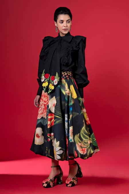 Siddhartha Bansal Black Cotton Poplin Embroidery Night Bloom Sunray Top With Blossom Print Skirt