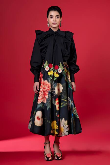 Siddhartha Bansal_Black Cotton Poplin Embroidery Night Bloom Sunray Top With Blossom Print Skirt_Online_at_Aza_Fashions