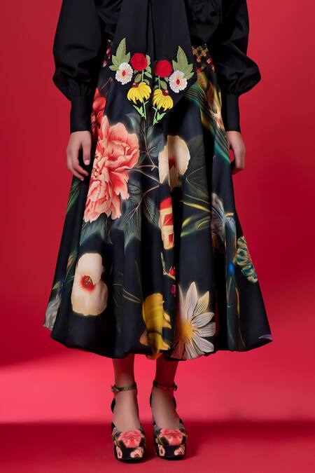Buy_Siddhartha Bansal_Black Cotton Poplin Embroidery Night Bloom Sunray Top With Blossom Print Skirt_Online_at_Aza_Fashions