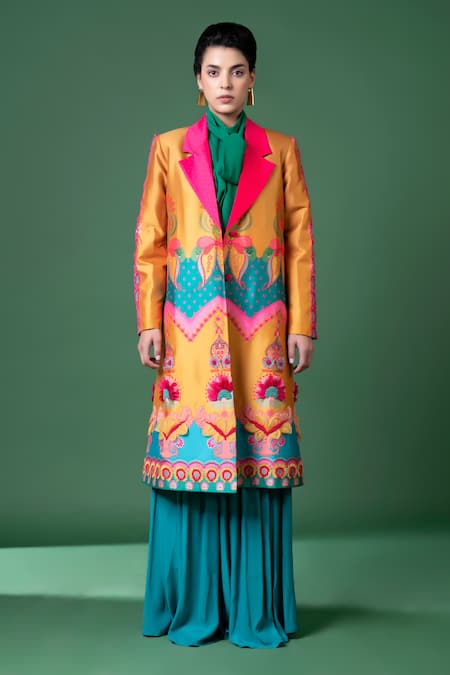 Siddhartha Bansal Multi Color Silk Taffeta Embroidery Day Art And Print Long Coat With Flared Pant