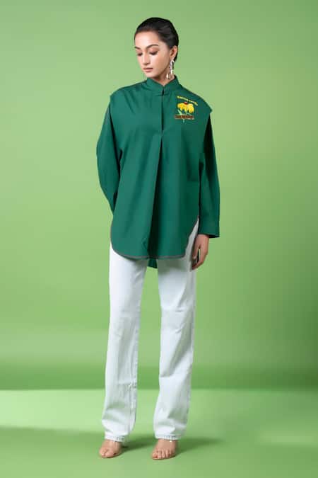 Siddhartha Bansal Green 100% Cotton Embroidery Sunflower Mandarin Collar Oversized Shirt