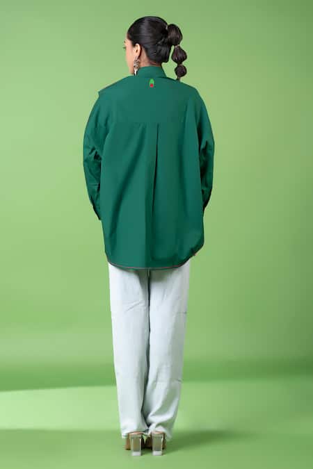 Shop_Siddhartha Bansal_Green 100% Cotton Embroidery Sunflower Mandarin Collar Oversized Shirt _at_Aza_Fashions