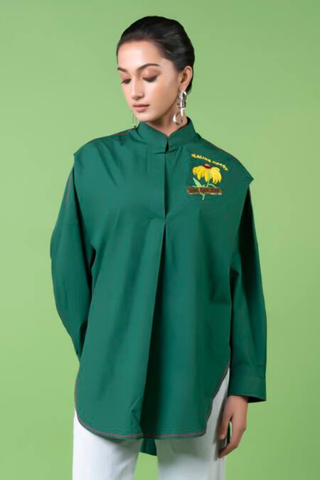 Siddhartha Bansal_Green 100% Cotton Embroidery Sunflower Mandarin Collar Oversized Shirt _Online_at_Aza_Fashions