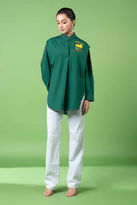 Buy_Siddhartha Bansal_Green 100% Cotton Embroidery Sunflower Mandarin Collar Oversized Shirt _Online_at_Aza_Fashions