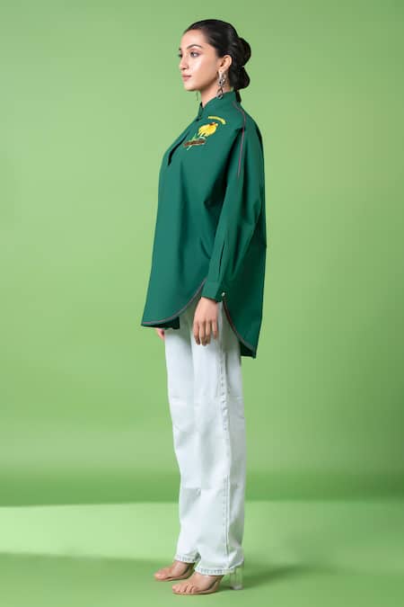 Shop_Siddhartha Bansal_Green 100% Cotton Embroidery Sunflower Mandarin Collar Oversized Shirt _Online_at_Aza_Fashions
