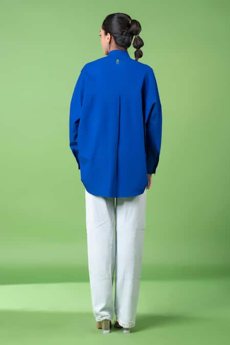 Shop_Siddhartha Bansal_Blue 100% Cotton Embroidery Heart Mandarin Collar Oversized Shirt _at_Aza_Fashions