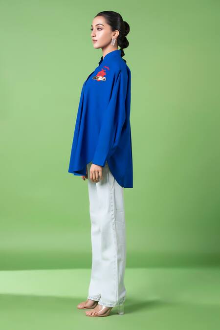 Siddhartha Bansal_Blue 100% Cotton Embroidery Heart Mandarin Collar Oversized Shirt _Online_at_Aza_Fashions