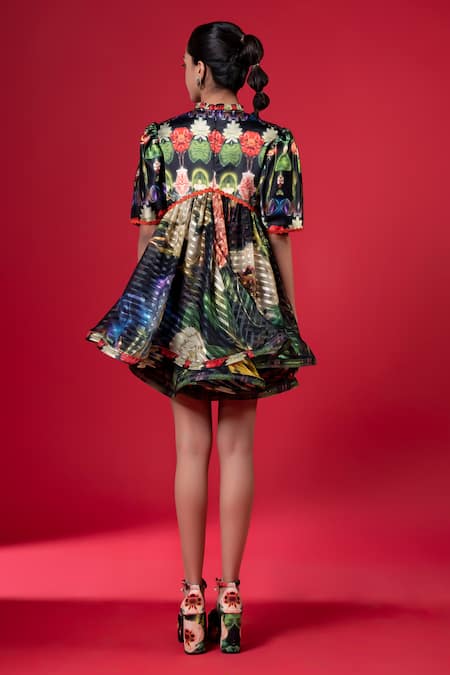 Shop_Siddhartha Bansal_Black Satin Print Night Bloom High Neck Short Doll Dress _at_Aza_Fashions