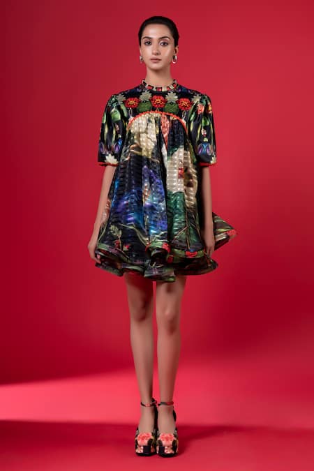 Shop_Siddhartha Bansal_Black Satin Print Night Bloom High Neck Short Doll Dress _Online_at_Aza_Fashions