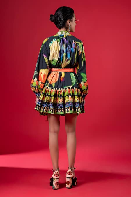 Shop_Siddhartha Bansal_Black Cotton Print Night Bloom High Neck Dress With Belt _at_Aza_Fashions