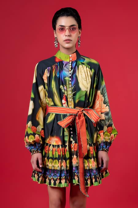 Siddhartha Bansal_Black Cotton Print Night Bloom High Neck Dress With Belt _Online_at_Aza_Fashions