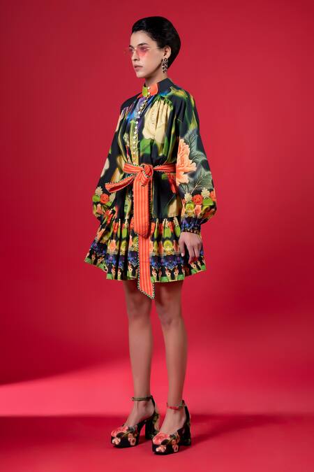 Buy_Siddhartha Bansal_Black Cotton Print Night Bloom High Neck Dress With Belt _Online_at_Aza_Fashions
