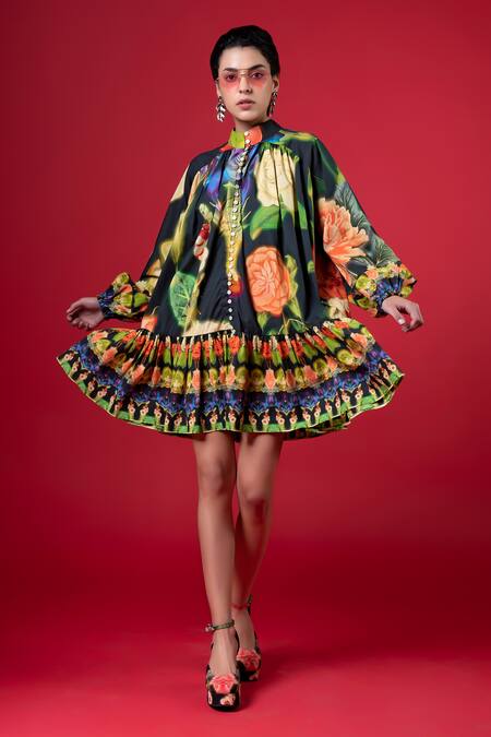 Shop_Siddhartha Bansal_Black Cotton Print Night Bloom High Neck Dress With Belt _Online_at_Aza_Fashions