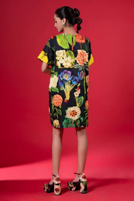Shop_Siddhartha Bansal_Black Cotton Satin Print Night Bloom Round Neck And Embroidered Shift Dress _at_Aza_Fashions
