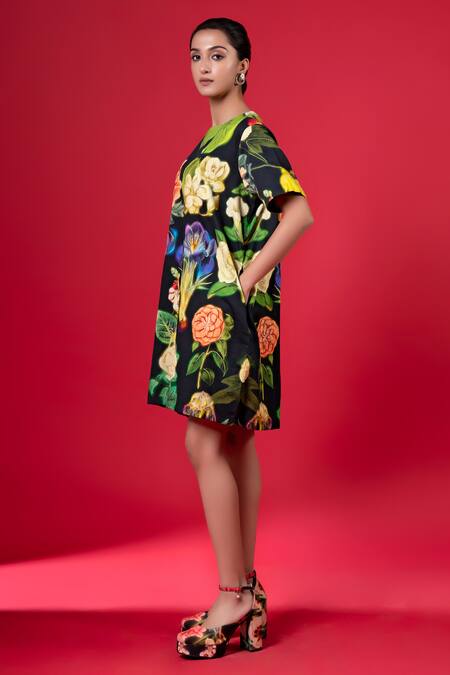 Siddhartha Bansal_Black Cotton Satin Print Night Bloom Round Neck And Embroidered Shift Dress _Online_at_Aza_Fashions