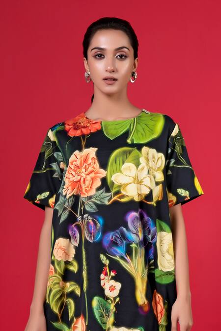 Buy_Siddhartha Bansal_Black Cotton Satin Print Night Bloom Round Neck And Embroidered Shift Dress _Online_at_Aza_Fashions