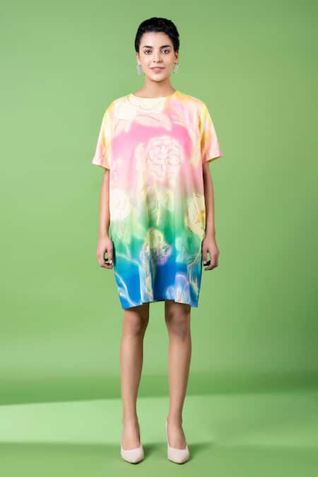 Siddhartha Bansal_Multi Color Cotton Satin Print Evening Dew Bloom Round And Embroidered Shift Dress _Online_at_Aza_Fashions
