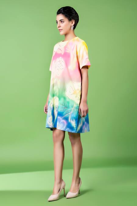 Buy_Siddhartha Bansal_Multi Color Cotton Satin Print Evening Dew Bloom Round And Embroidered Shift Dress _Online_at_Aza_Fashions