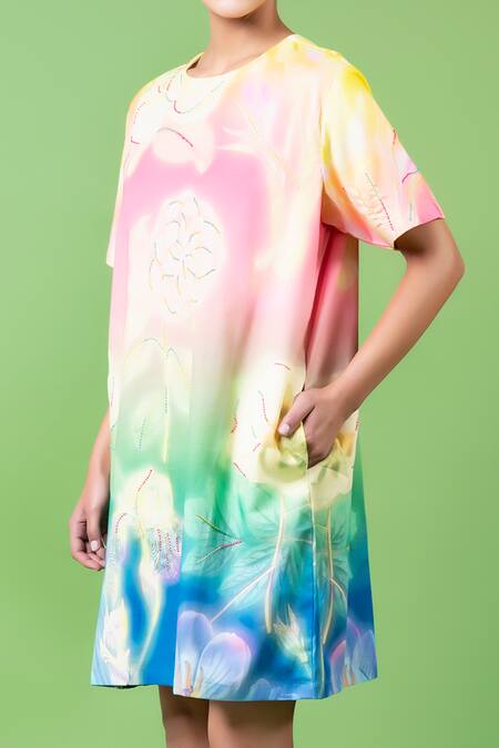 Shop_Siddhartha Bansal_Multi Color Cotton Satin Print Evening Dew Bloom Round And Embroidered Shift Dress _Online_at_Aza_Fashions