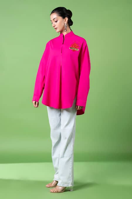 Siddhartha Bansal Pink 100% Cotton Embroidery Heart Mandarin Collar Oversized Shirt
