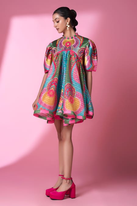 Siddhartha Bansal Pink Moss Crepe Print Day Bloom Art High Neck Short Doll Dress