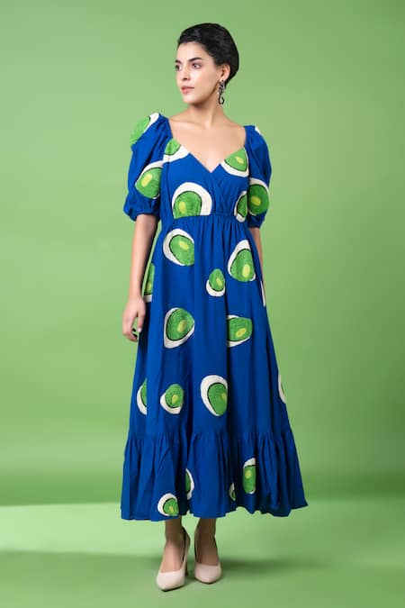Siddhartha Bansal Blue Cotton Print Glass Art Sweetheart Neck Murano Embroidered Midi Dress