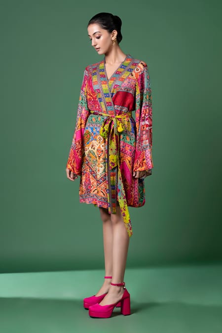 Siddhartha Bansal Floral & Abstract Print Wrap Dress With Belt 