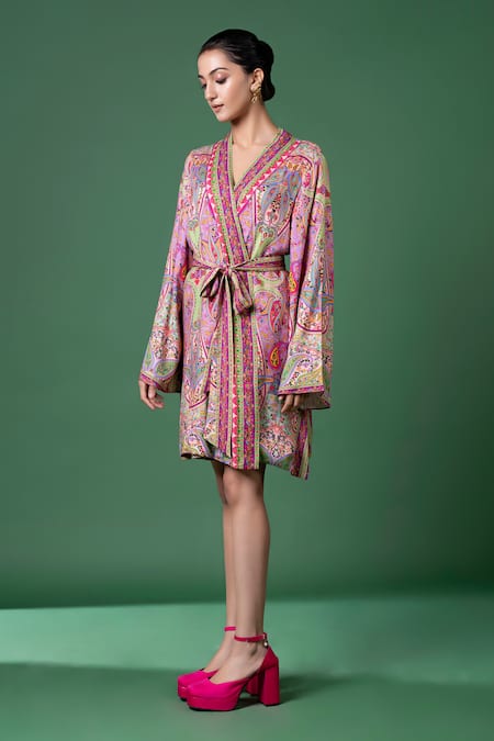 Siddhartha Bansal Paisley & Abstract Print Wrap Dress With Belt 