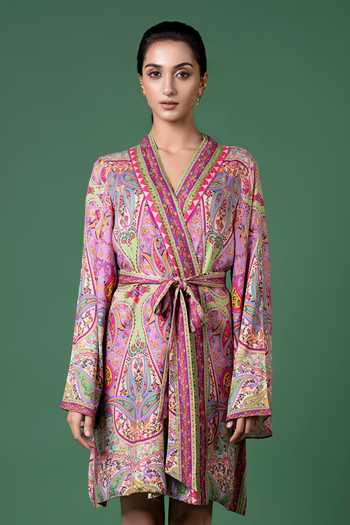 Siddhartha Bansal_Purple Rayon V-neck Paisley And Abstract Print Wrap Dress With Belt _Online_at_Aza_Fashions