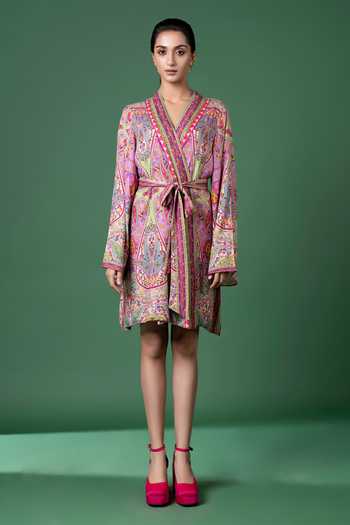 Buy_Siddhartha Bansal_Purple Rayon V-neck Paisley And Abstract Print Wrap Dress With Belt _Online_at_Aza_Fashions
