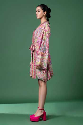 Shop_Siddhartha Bansal_Purple Rayon V-neck Paisley And Abstract Print Wrap Dress With Belt _Online_at_Aza_Fashions