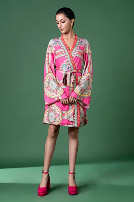 Siddhartha Bansal Abstract & Floral Print Wrap Dress With Belt 