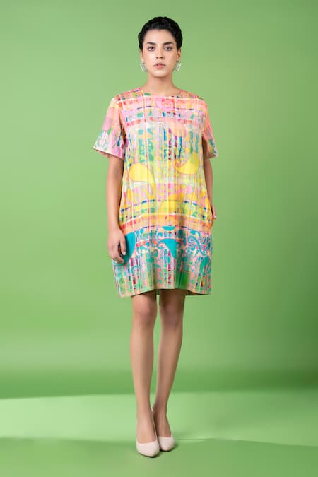 Siddhartha Bansal Multi Color Cotton Satin Threadwork Round Paisley Abstract Pattern Dress