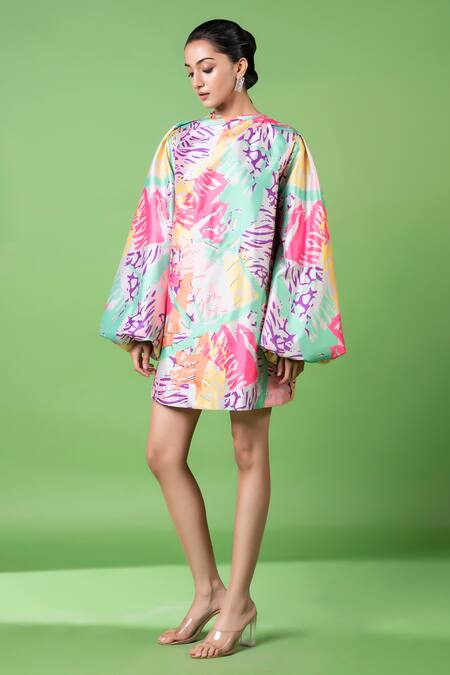 Siddhartha Bansal_Multi Color Silk Taffeta Embellished Animal Round Pattern Dress_Online_at_Aza_Fashions