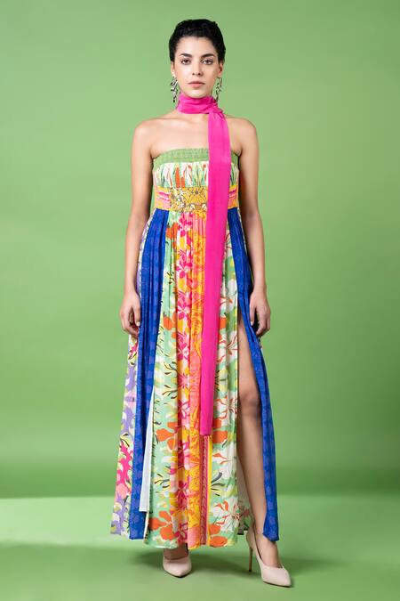 Siddhartha Bansal Multi Color Pure Cepe Floral Straight Patterned Strapless Slit Dress