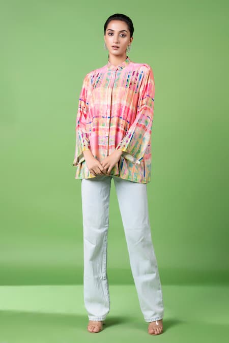 Siddhartha Bansal Pink Rayon Twill Printed Paisley Mandarin Collar Shirt