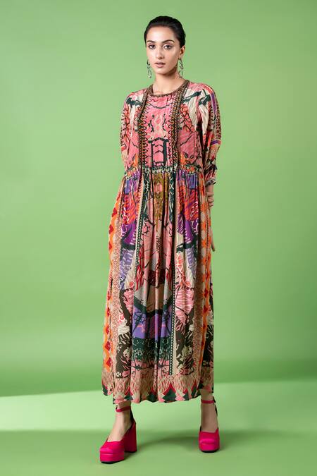 Siddhartha Bansal_Multi Color Pure Cepe Animal Round Pattern Kaftan _Online_at_Aza_Fashions